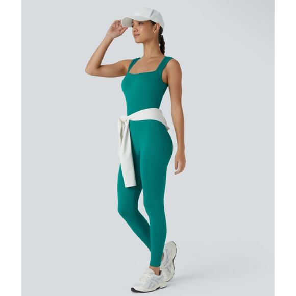 NWT HALARA Seamless Yoga Jumpsuit M Teal Green Square Neck Sleeveless 7/8 Length - Picture 9 of 9